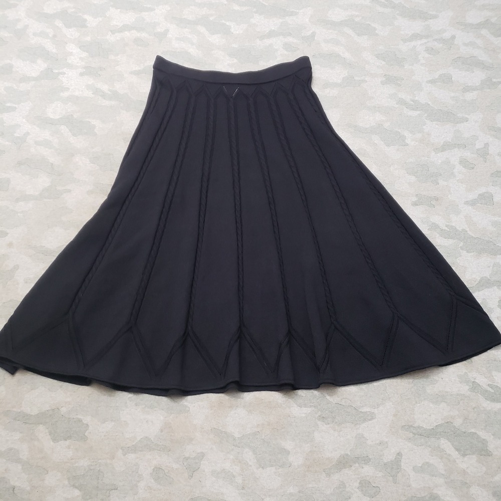St John Collection Skirt Womens 8 Black A-Line Pointelle Wool Blend Midi